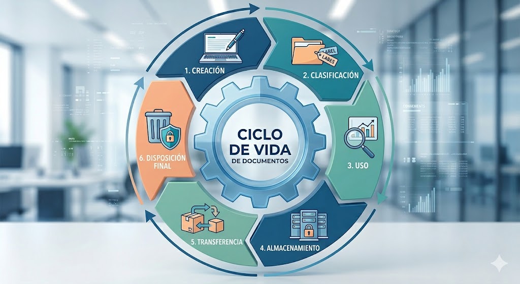 Un gráfico conceptual moderno y limpio en 3D que muestra un gran engranaje central transparente y azul. Alrededor del engranaje, un anillo fluido y brillante se divide en secciones coloreadas, conectando iconos que representan las etapas: un documento naciendo, una carpeta organizándose, un buscador, una caja de almacenamiento y un candado con un reloj. La estética es corporativa y digital, utilizando tonos azules y blancos.