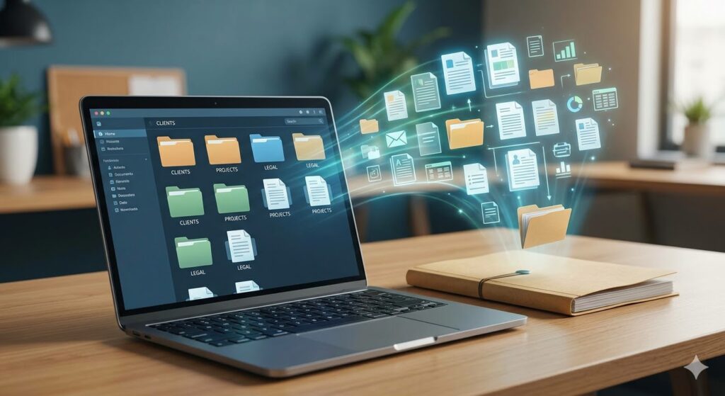 Una oficina moderna donde una carpeta de expediente electrónico y expediente archivo tradicional de cartón (cerrada) se transforma en un flujo luminoso de documentos digitales organizados que entran en una computadora portátil elegante. Representa la transición nítida del papel al bit.