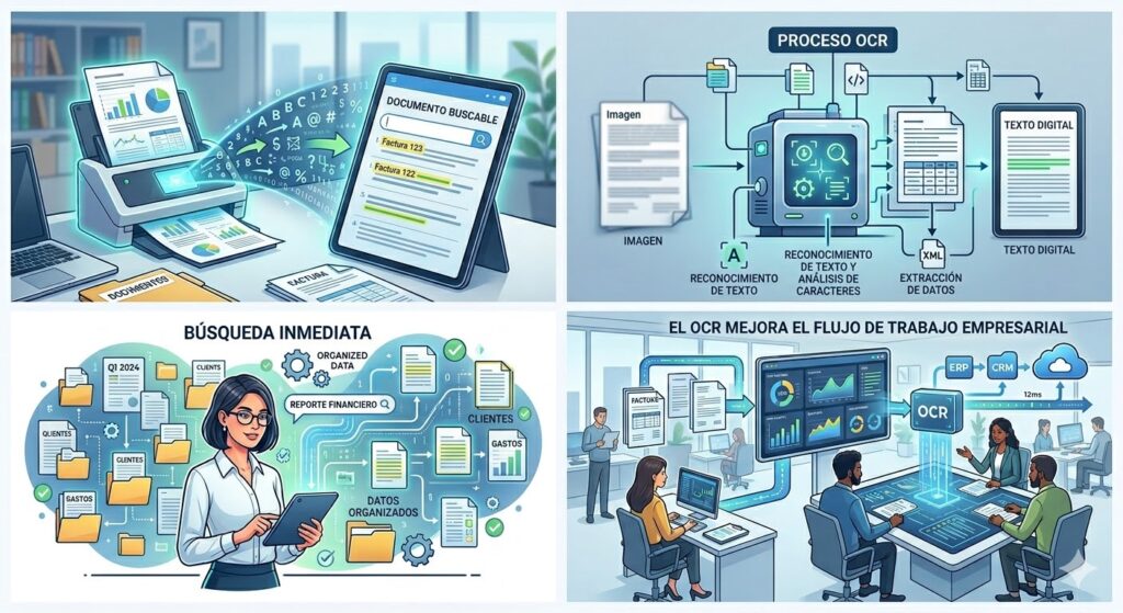 Infografía de cuatro paneles que ilustra el proceso y los beneficios de la tecnología OCR (Reconocimiento Óptico de Caracteres) para la digitalización de documentos empresariales.