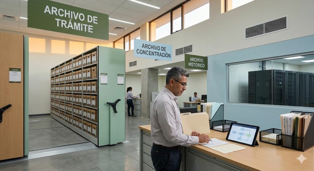 Se ven tres etapas claras: el archivo de trámite (activo), el archivo de concentración (cajas organizadas) y el archivo histórico (documentos antiguos resguardados). El hombre de mediana edad que aparece está supervisando todo el proceso, lo que da una sensación de control y experiencia. Esta imagen es muy útil para explicar los conceptos técnicos.